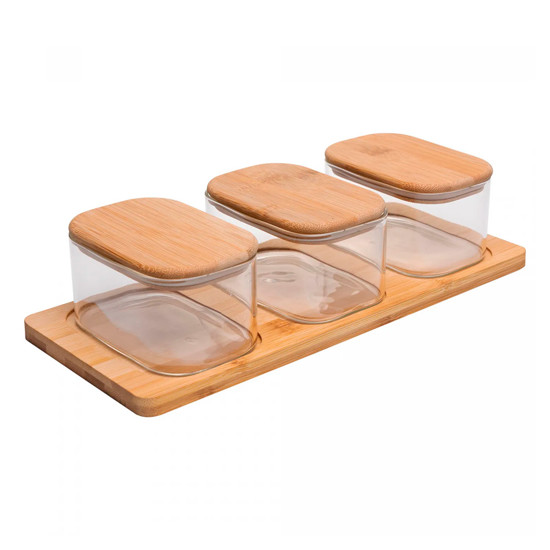 Imagem CONJUNTO 3 POTES EM VIDRO BOROSSILICATO COM TAMPA E BANDEJA DE BAMBU - WOLFF