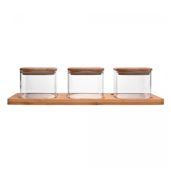 Imagem CONJUNTO 3 POTES EM VIDRO BOROSSILICATO COM TAMPA E BANDEJA DE BAMBU - WOLFF