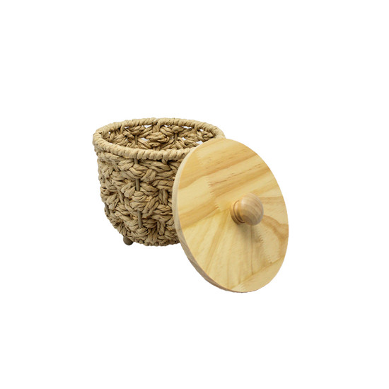 Imagem CESTA REDONDA EM PALHA CESTARIA E TAMPA BEGE 14X13X13CM - ENTRECASA