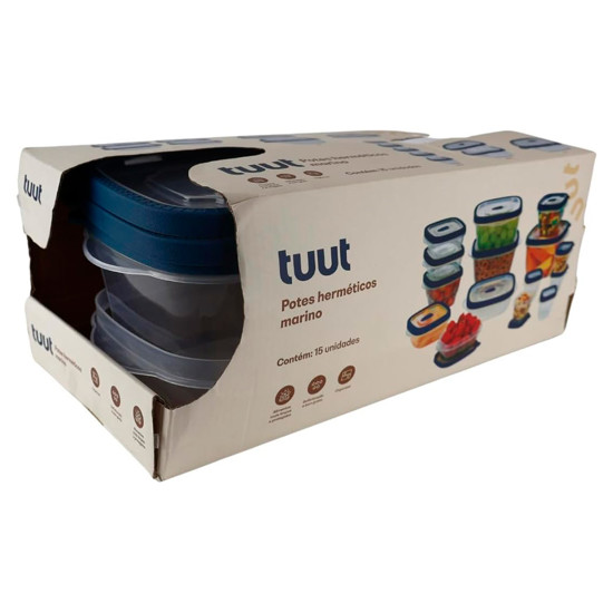 Imagem JOGO DE 15 POTES HERMÉTICOS EM PLÁSTICO AZUL MARINHO PARA ALIMENTOS - TUUT