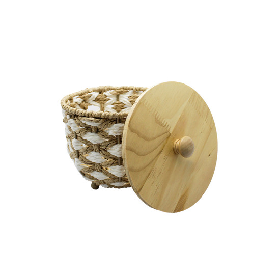 Imagem CESTA DECORATIVA REDONDA EM PALHA CESTARIA COR BEGE E BRANCA 16X17X17CM - ENTRECASA