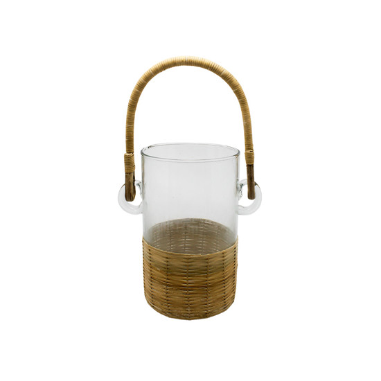 Imagem CASTIÇAL DECORATIVO EM VIDRO COM ALÇA EM MADEIRA 31X18X12CM - ENTRECASA