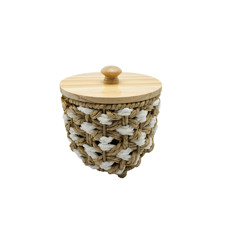 Imagem de CESTA DECORATIVA REDONDA EM PALHA CESTARIA COR BEGE E BRANCA 14X13X13CM - ENTRECASA - Inverno Verao Comercio De Modas E Decoracao Eireli