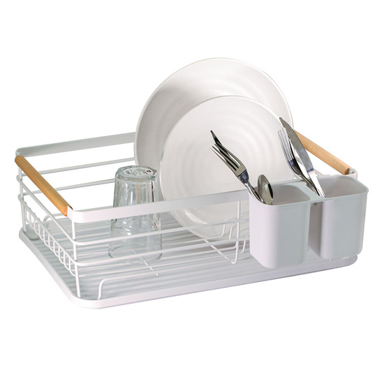 Imagem ESCORREDOR EM METAL BRANCO E ALÇA EM MADEIRA 14X42X30CM - TUUT