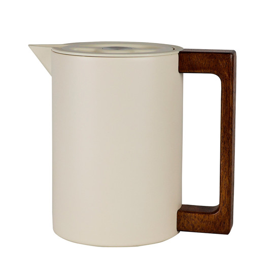 Imagem GARRAFA TÉRMICA BEGE 600ML EM AÇO INOX E ALÇA EM MADEIRA 15X17X12CM - TUUT