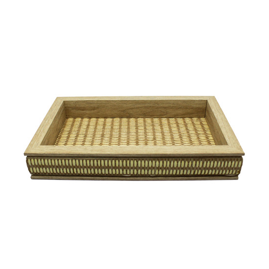 Imagem BANDEJA RETANGULAR DECORATIVA EM MDF COM DETALHES EM PALHA BEGE 5X25X15CM ENTRECASA