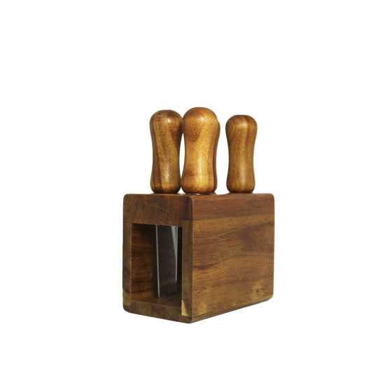 Imagem JOGO DE FACAS PARA QUEIJO 4 PEÇAS COM SUPORTE EM MADEIRA DE ACÁCIA 14X11X6CM - TUUT