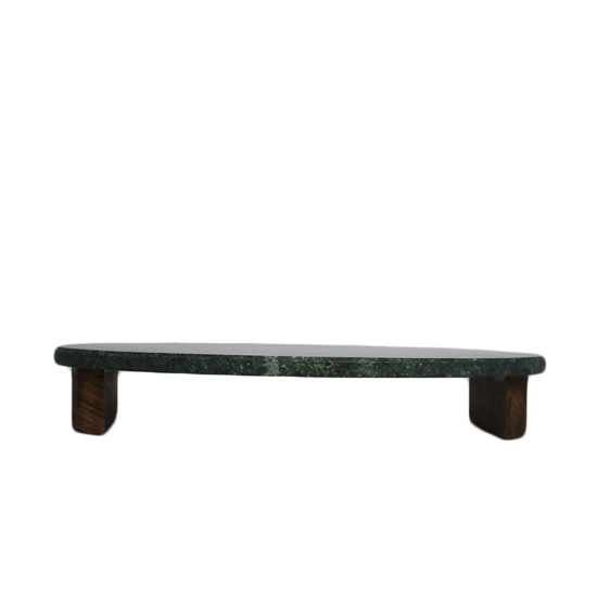 Imagem CENTRO DE MESA OVAL DECORATIVO EM MÁRMORE VERDE E PÉ EM MADEIRA 5X30X20CM - LUCATTI