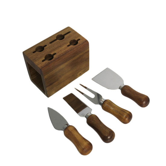 Imagem JOGO DE FACAS PARA QUEIJO 4 PEÇAS COM SUPORTE EM MADEIRA DE ACÁCIA 14X11X6CM - TUUT