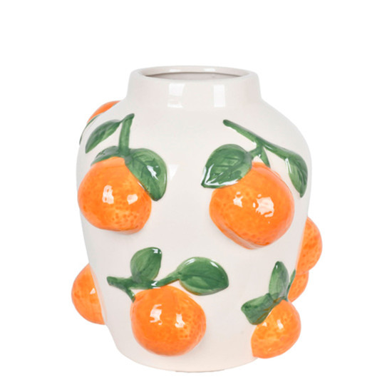 Imagem VASO DECORATIVO EM CERÂMICA BRANCA COM LARANJAS EM ALTO RELEVO 18,5X16,5CM - GRILLO