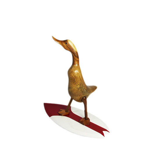 Imagem PATO COM PRANCHA DE SURF VERMELHA E BRANCA DECORATIVO EM MADEIRA - PORTAL ÁSIA