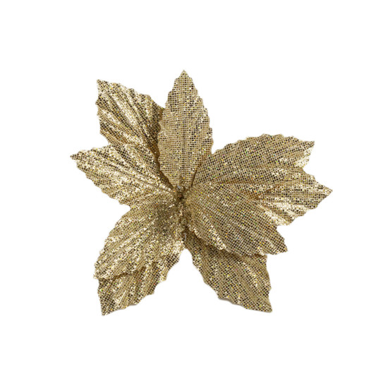Imagem POINSÉTIA DECORATIVA COR DOURADO COM GLITTER DE PAETE 16CM CABO CURTO - CROMUS 