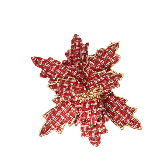 Imagem POINSÉTIA DECORATIVA XADREZ COR VERMELHO COM BRANCO E DOURADO 40CM CABO LONGO - TOK DA CASA