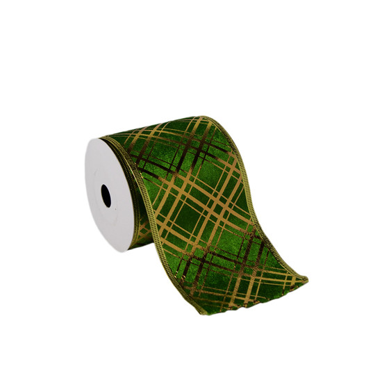 Imagem FITA DE NATAL ARAMADA COR VERDE COM DOURADO 10CM X 9,14 METROS - DINATALE IMPORT 