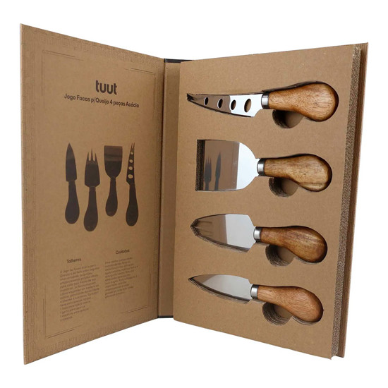 Imagem CONJUNTO 4 FACAS PARA QUEIJO EM AÇO INOX E CABO EM MADEIRA DE ACÁCIA - TUUT