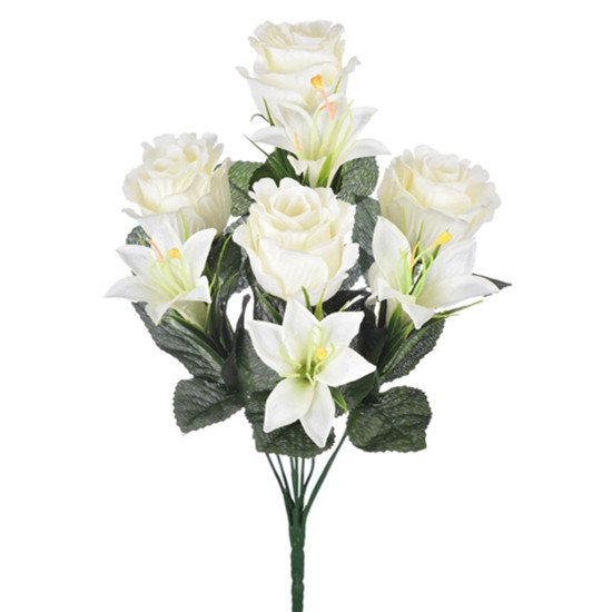 Imagem BUQUÊ MISTO DECORATIVO DE ROSA E LÍRIO CREME EM PLÁSTICO MOLDÁVEL 35X18CM - GRILLO