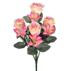 Imagem de BUQUÊ MISTO DECORATIVO DE ROSA E LÍRIO SALMÃO EM PLÁSTICO MOLDÁVEL 35X18CM - GRILLO - Grillo Ltda