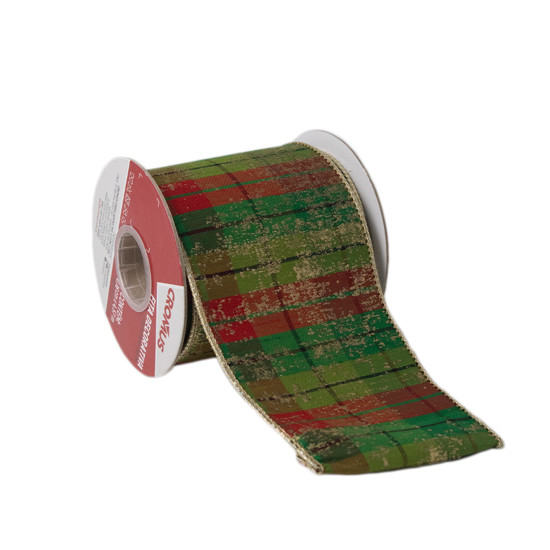 Imagem FITA ARAMADA LISTRADA COR VERDE, VERMELHO E DOURADO 10,16CM X 4,57 METROS - TOK DA CASA