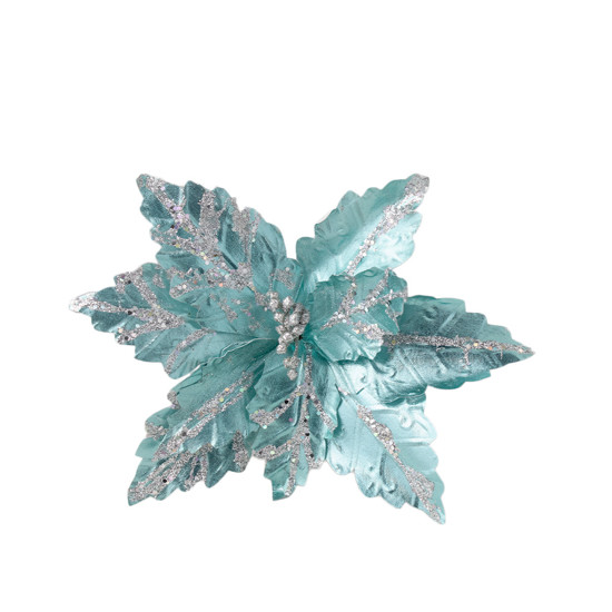Imagem POINSETIA DECORATIVA COR AZUL COM GLITTER PRATEADO 40CM - TOK DA CASA
