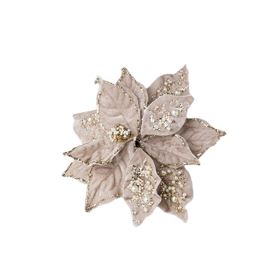 Imagem POINSÉTIA DECORATIVA DE NATAL COR BEGE VELUDO COM BRANCO E GLITTER DOURADO COM PEGADO 21CM - CROMUS 