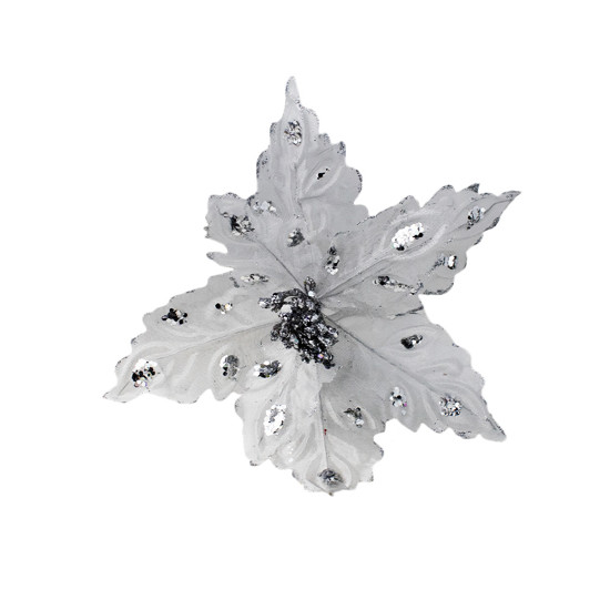 Imagem POINSÉTIA DECORATIVA COR BRANCO COM PRATEADO 46CM COM CABO LONGO - TOK DA CASA