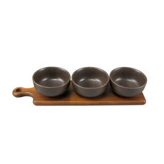 Imagem de CONJUNTO PETISQUEIRA EM CERÂMICA PRETO E BANDEJA EM MADEIRA COM 3 BOWLS - CROSS - Cross Comercial Ltda