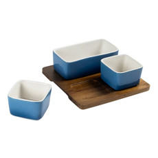 Imagem de PETISQUEIRA EM MADEIRA E CERÂMICA AZUL DEGRADE COM 3 BOWLS 6X17X9CM - CROSS - Cross Comercial Ltda