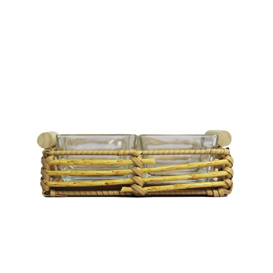 Imagem BANDEJA QUADRADA EM CESTARIA ALÇAS EM MADEIRA E RECIPIENTES EM VIDRO - ENTRECAS