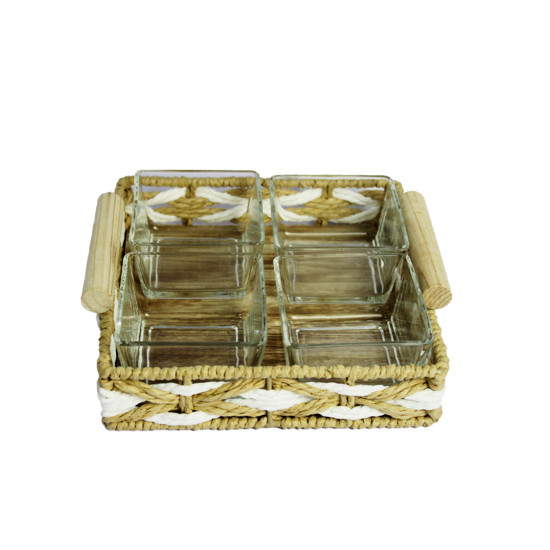 Imagem BANDEJA QUADRADA EM CESTARIA COM  ALÇAS EM MADEIRA E RECIPIENTES EM VIDRO - ENTRECASA
