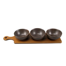 Imagem de CONJUNTO PETISQUEIRA EM MADEIRA COM 3 BOWLS PRETOS EM CERÂMICA 6X40X10,5CM - CROSS - Cross Comercial Ltda