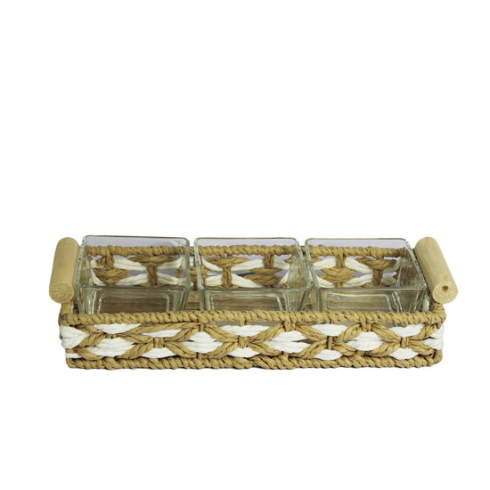 Imagem BANDEJA RETANGULAR DECORATIVA EM CESTARIA E ALÇAS EM MDF 8X31X12CM - ENTRECASA