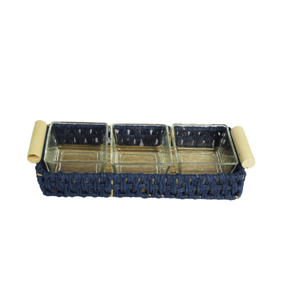Imagem BANDEJA RETANGULAR DECORATIVA EM CESTARIA AZUL COM 3 RECIPIENTES EM VIDRO - ENTRECASA