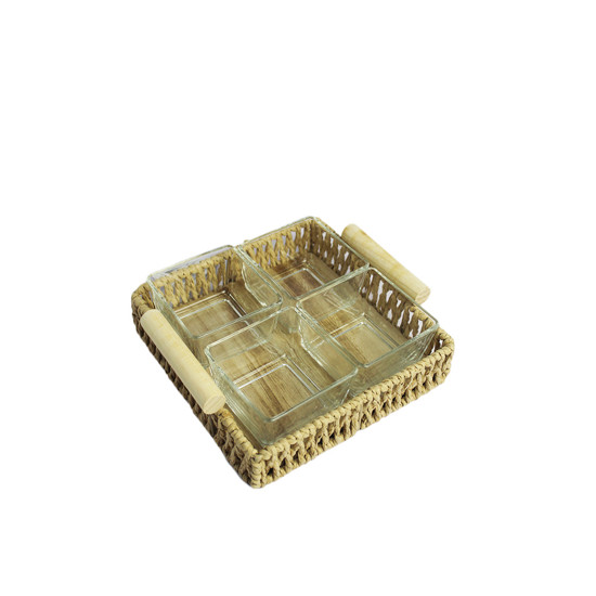 Imagem BANDEJA QUADRADA EM CESTARIA E QUATRO RECIPIENTES EM VIDRO - ENTRECASA
