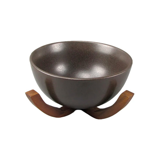 Imagem CENTRO DE MESA REDONDO EM CERÂMICA MARROM E BASE DE MADEIRA 14X27,5CM - CROSS