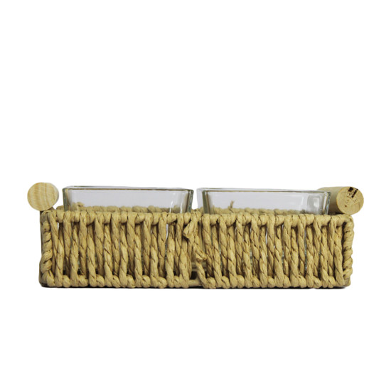 Imagem BANDEJA RETANGULAR DECORATIVA EM CESTARIA COM 2 RECIPIENTES EM VIDRO - ENTRECASA
