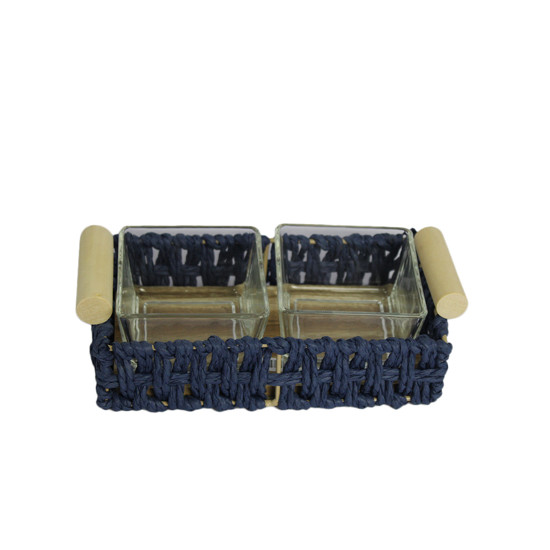 Imagem BANDEJA RETANGULAR DECORATIVA EM CESTARIA AZUL COM 2 RECIPIENTES EM VIDRO - ENTRECASA