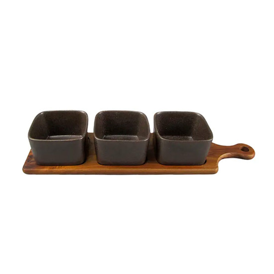 Imagem CONJUNTO PETISQUEIRA EM MADEIRA COM 3 BOWLS EM CERÂMICA PRETO 7,5X39X10,5CM - CROSS