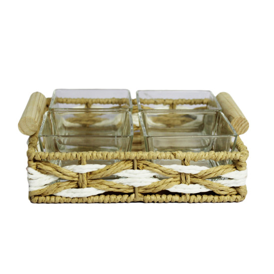 Imagem BANDEJA QUADRADA EM CESTARIA COM  ALÇAS EM MADEIRA E RECIPIENTES EM VIDRO - ENTRECASA