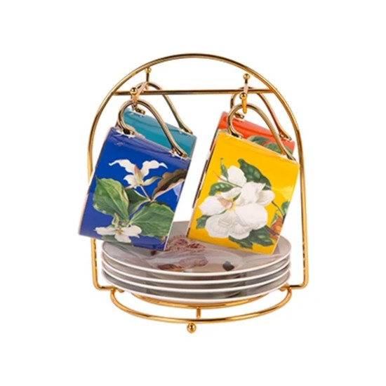 Imagem JOGO 8 PEÇAS PARA CAFÉ EM NEW BONE CHINA SUPORTE E FILADO DOURADO 200ML - L'HERMITAGE