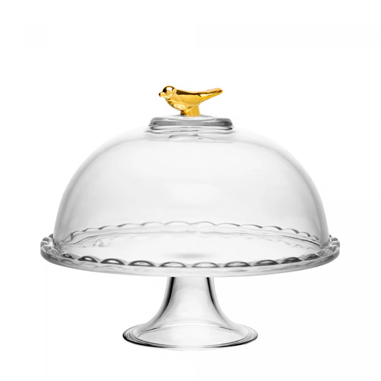 Imagem PRATO COM PÉ E TAMPA GOLDEN BIRD EM CRISTAL 19X19X19CM - WOLFF