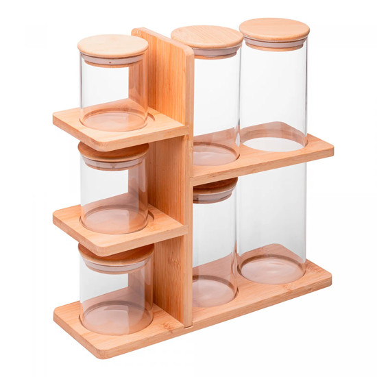 Imagem CONJUNTO 6 PORTA MANTIMENTOS COM TAMPA E SUPORTE DE BAMBU 30X28X10CM - WOLFF