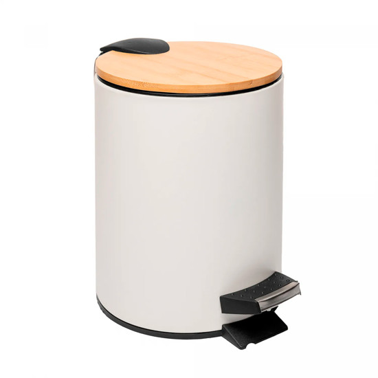 Imagem LIXEIRA REDONDA 5L DE METAL COM PEDAL E TAMPA EM BAMBU BRANCA 25,5X20,5X20,5CM - LYOR