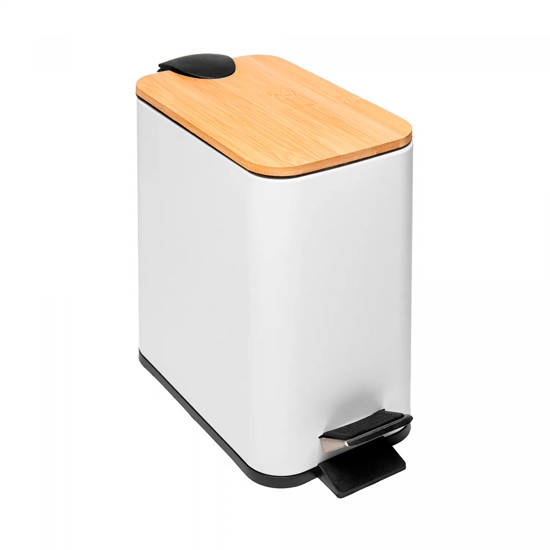 Imagem LIXEIRA RETANGULAR DE METAL COM PEDAL E TAMPA EM BAMBU BRANCA 5L - LYOR