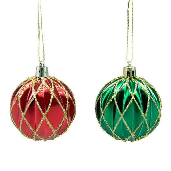 Imagem CONJUNTO 2 BOLAS NATALINAS DECORATIVAS VERDE E VERMELHA EM PLÁSTICO 6CM - TUTT