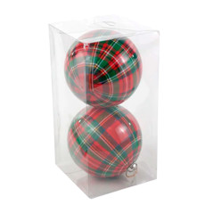 Imagem de CAIXA COM 2 BOLAS NATALINAS XADREZ VERMELHO E VERDE EM PLÁSTICO 12CM - CROMUS - Cromus Embalagens Ind E Com Ltda