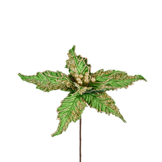 Imagem HASTE DECORATIVA DE POINSÉTIA VERDE COM GLITTER EM POLIÉSTER 20X34CM - GRILLO