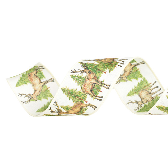 Imagem FITA ARAMADA BRANCA E VERDE NATALINA DE RENAS E PINHEIROS EM POLIÉSTER - CROMUS