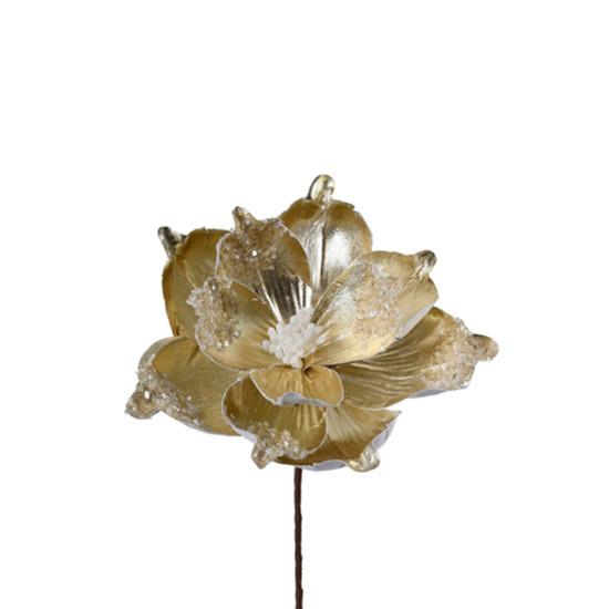 Imagem HASTE DECORATIVA DE MAGNÓLIA DOURADA COM GLITTER EM POLIÉSTER E METAL 20X20CM - GRILLO