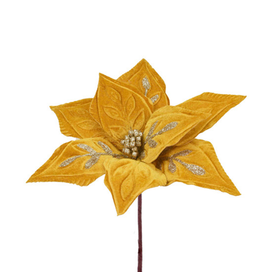 Imagem HASTE DECORATIVA DE POINSÉTIA CHAMPAGNE DOURADO COM GLITTER EM POLIÉSTER - GRILLO