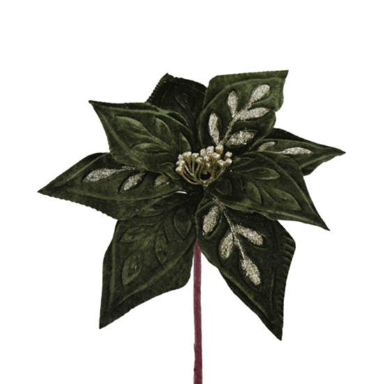 Imagem HASTE DECORATIVA DE POINSÉTIA VERDE OLIVA COM GLITTER EM POLIÉSTER 20X28CM - GRILLO